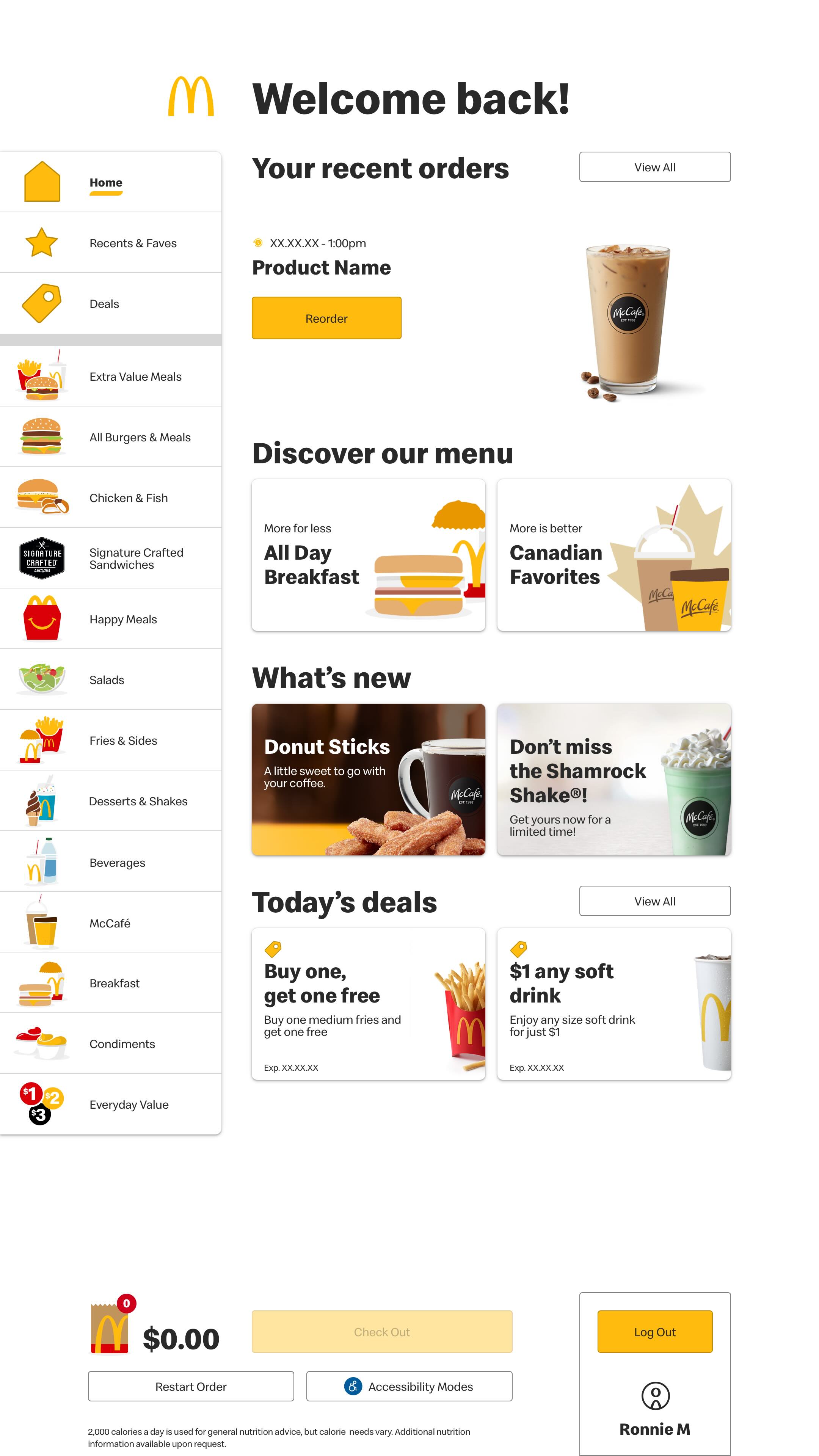 McDonald's Kiosk - Homepage Remember Me Default Mode Authenticated Screen - McDonald's Kiosk Interface